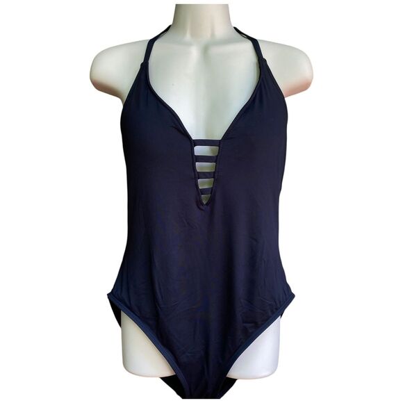La Blanca Black Plunge Control Cross Strappy Back Maillot Swimsuit Size 14 - Picture 2 of 10